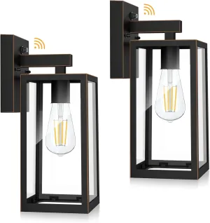 SHINE HAI Dusk to Dawn Outdoor Wall Lantern, Exterior Sconce Sensor Light Fixture with E26 Base Socket, Waterproof Wall Mount Lamp with Glass Shade for Garage, Doorway, 2-Pack (Oil-Rubbed Bronze)