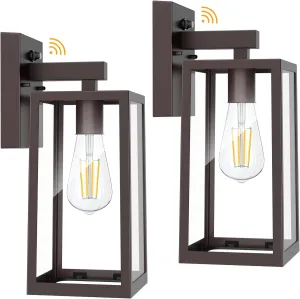 SHINE HAI Dusk to Dawn Outdoor Wall Lantern, Exterior Wall Sconce with E26 Base Socket, Anti-Rust Waterproof Light Fixture with Glass Shade for Garage, Doorway, 2 Pack (Dark Chocolate)