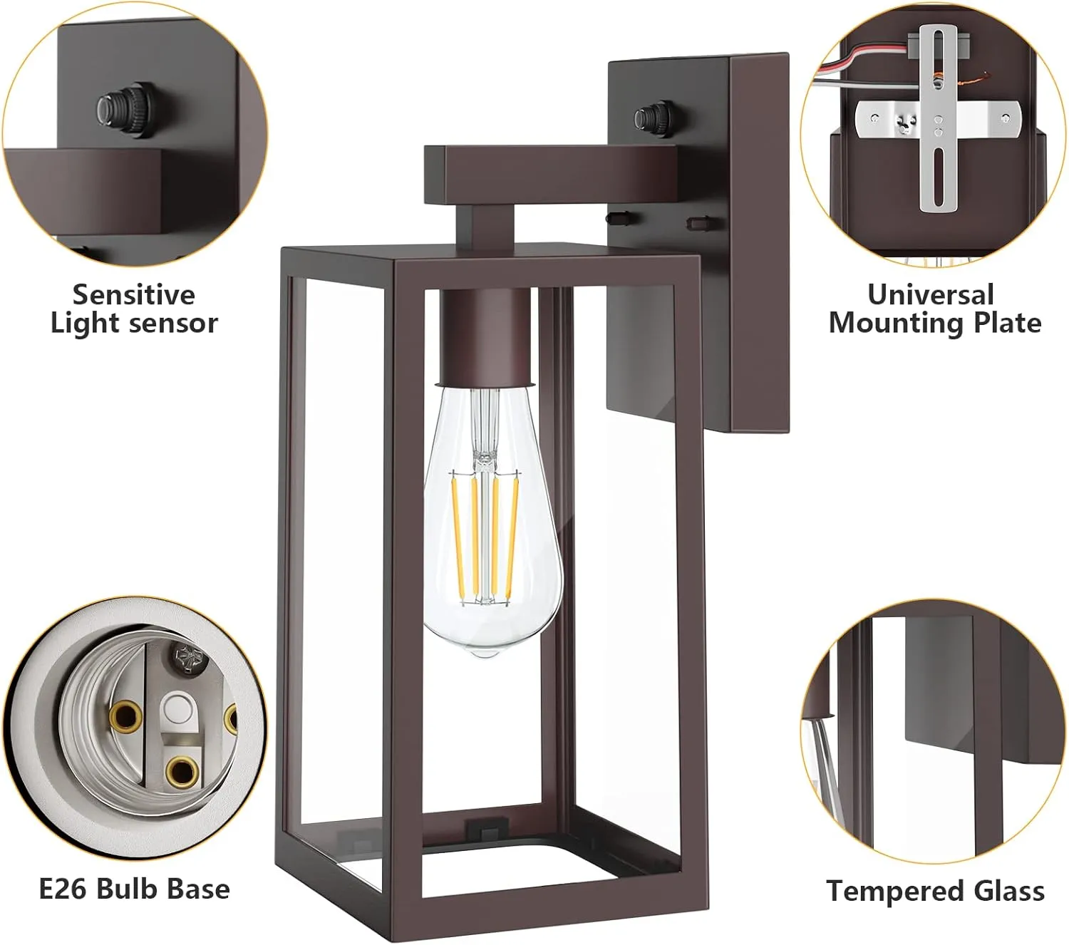 SHINE HAI Dusk to Dawn Outdoor Wall Lantern, Exterior Wall Sconce with E26 Base Socket, Anti-Rust Waterproof Light Fixture with Glass Shade for Garage, Doorway, 2 Pack (Dark Chocolate)