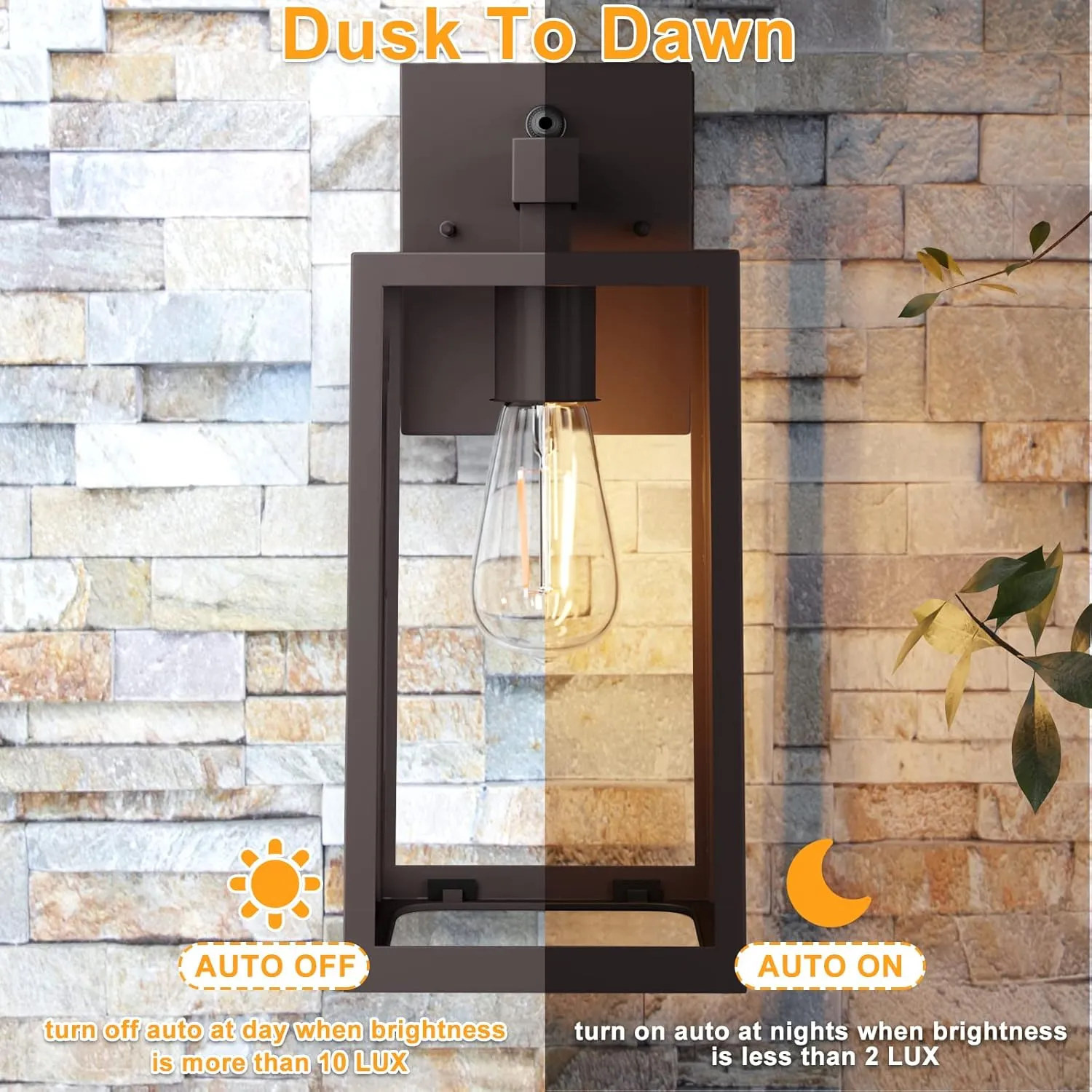 SHINE HAI Dusk to Dawn Outdoor Wall Lantern, Exterior Wall Sconce with E26 Base Socket, Anti-Rust Waterproof Light Fixture with Glass Shade for Garage, Doorway, 2 Pack (Dark Chocolate)
