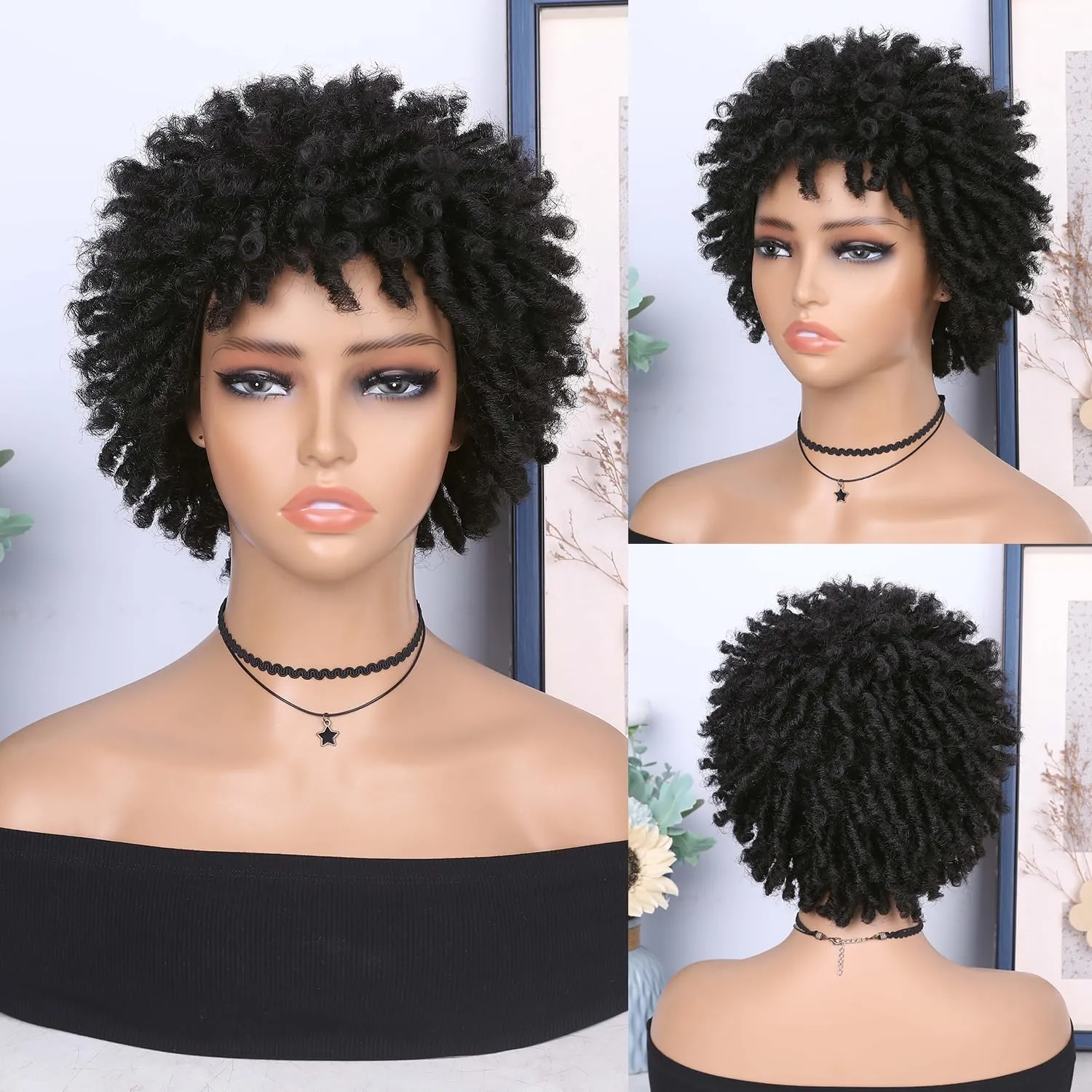 Short Dreadlock Wig Short Afro Curly Braided Wigs for Black Women Faux Locs Twist Braiding Natural Black Synthetic Hair Wigs 6 Inches