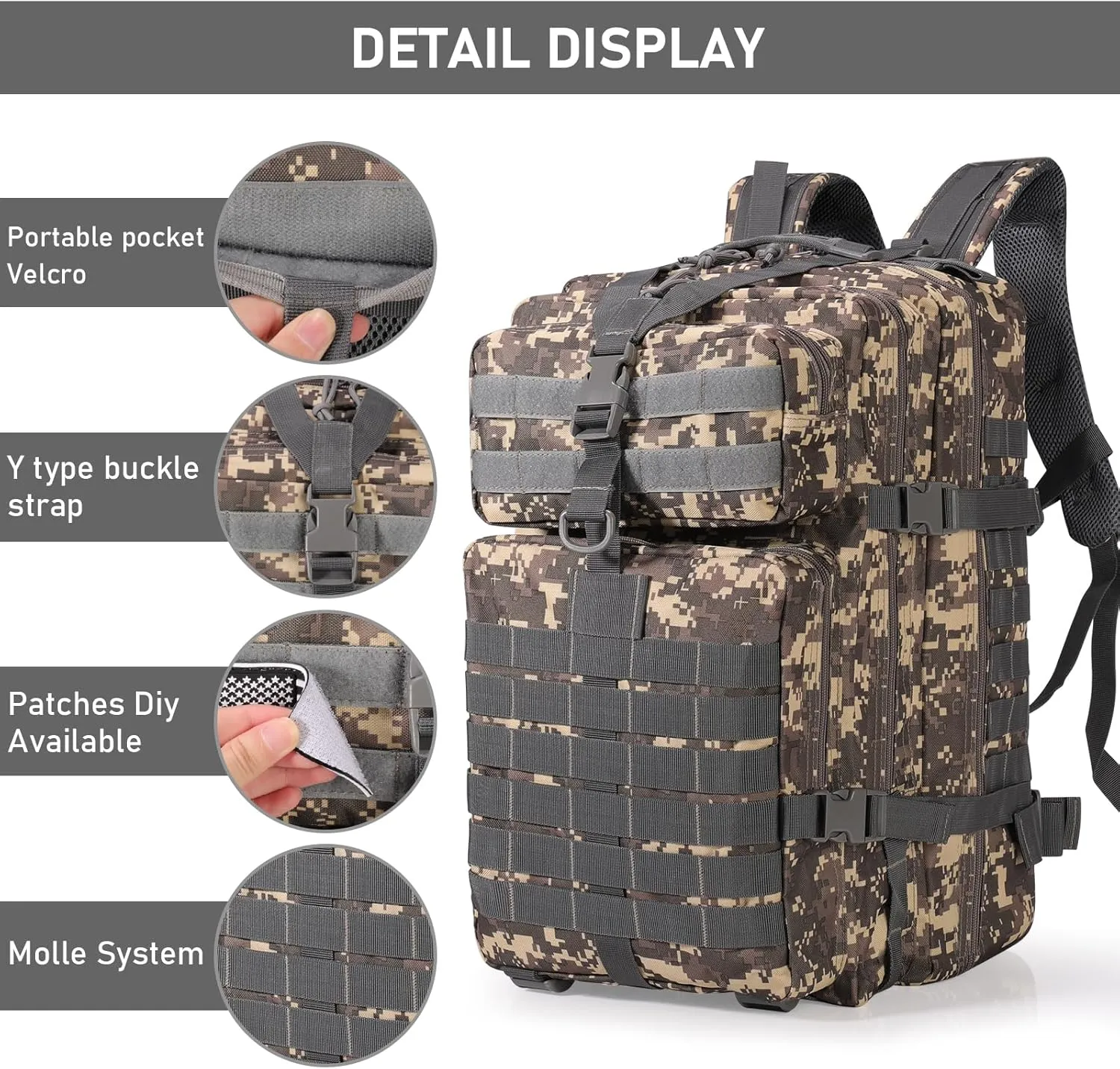 ShowyLive 3P Tactical Backpack Military Rucksack - 45L Large Hiking Backpack Waterproof, Durable Camping Backpack for Men Women, Travel Outdoor Sports Bug Out Bag (ACU)