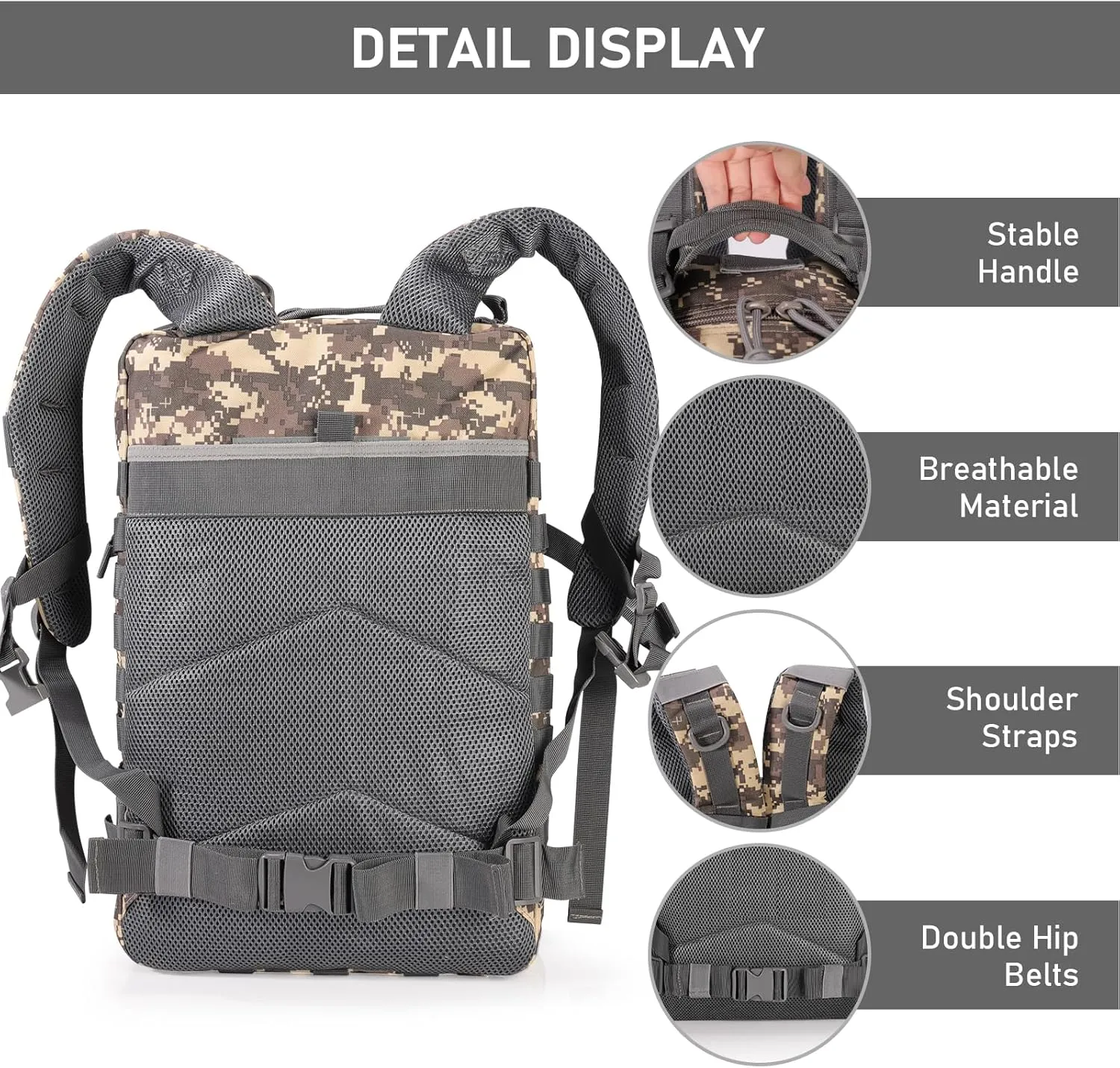 ShowyLive 3P Tactical Backpack Military Rucksack - 45L Large Hiking Backpack Waterproof, Durable Camping Backpack for Men Women, Travel Outdoor Sports Bug Out Bag (ACU)
