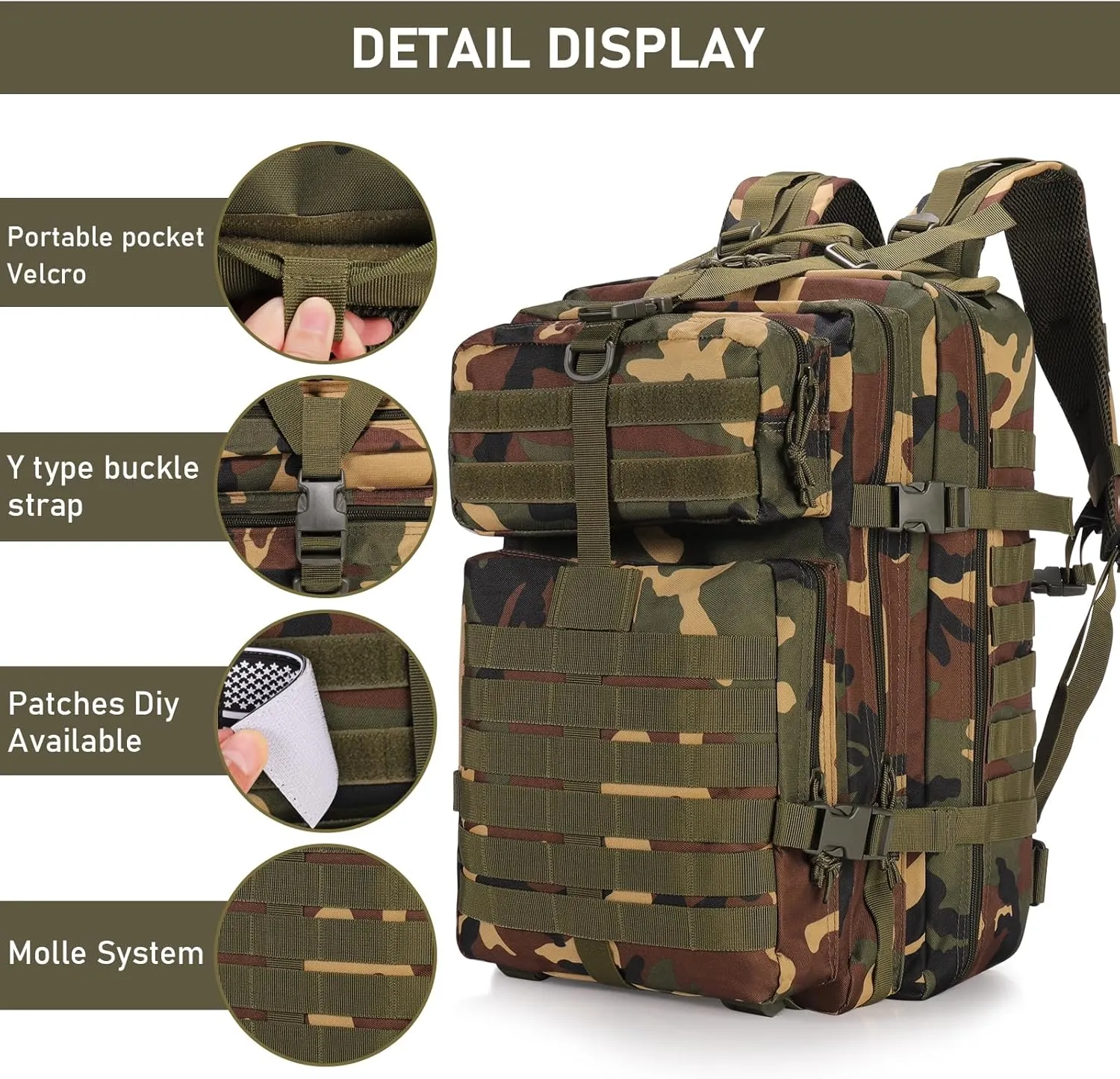 ShowyLive 3P Tactical Backpack Military Rucksack - 45L Large Hiking Backpack Waterproof, Durable Camping Backpack for Men Women, Travel Outdoor Sports Bug Out Bag (CP)