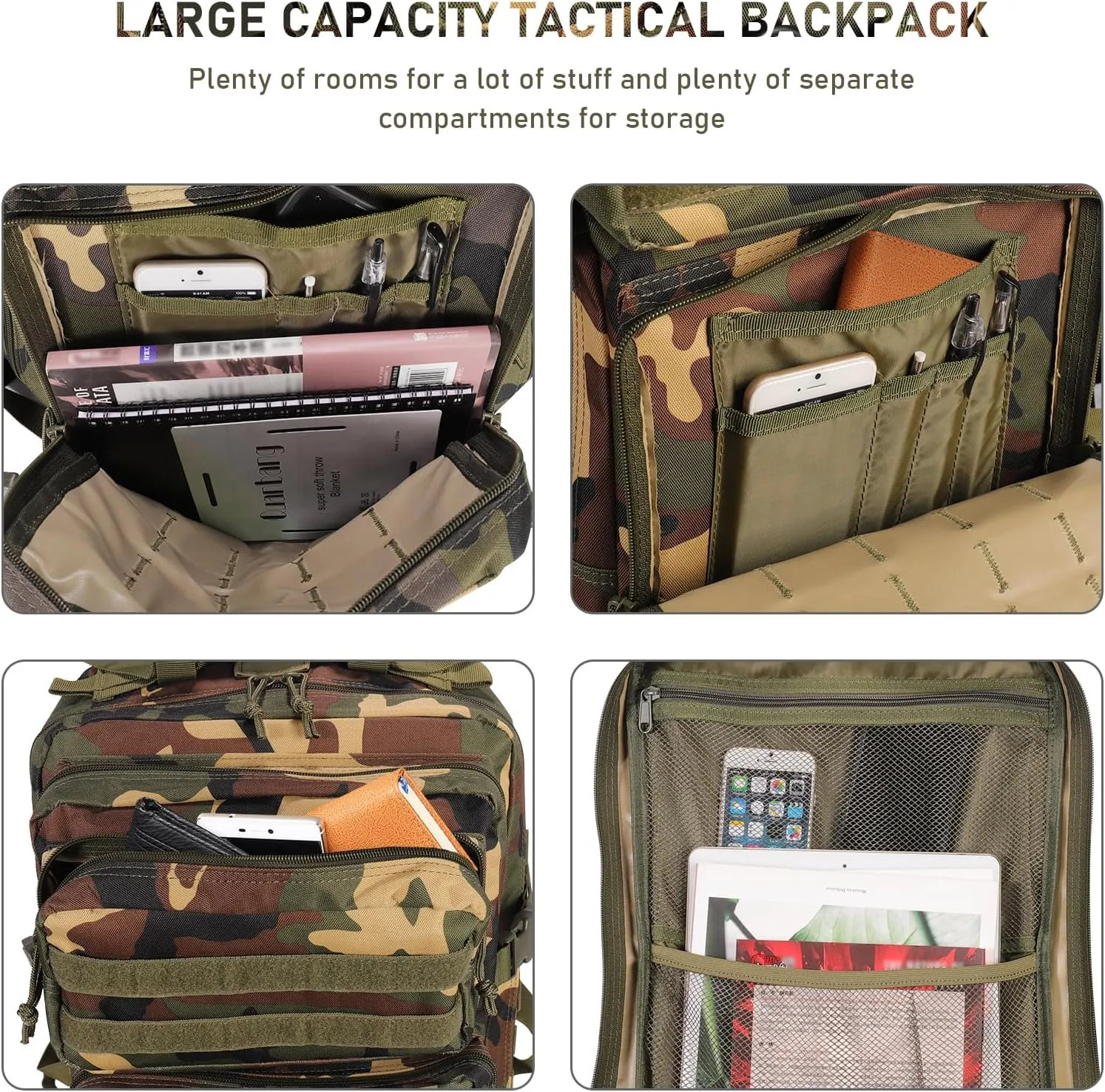 ShowyLive 3P Tactical Backpack Military Rucksack - 45L Large Hiking Backpack Waterproof, Durable Camping Backpack for Men Women, Travel Outdoor Sports Bug Out Bag (CP)