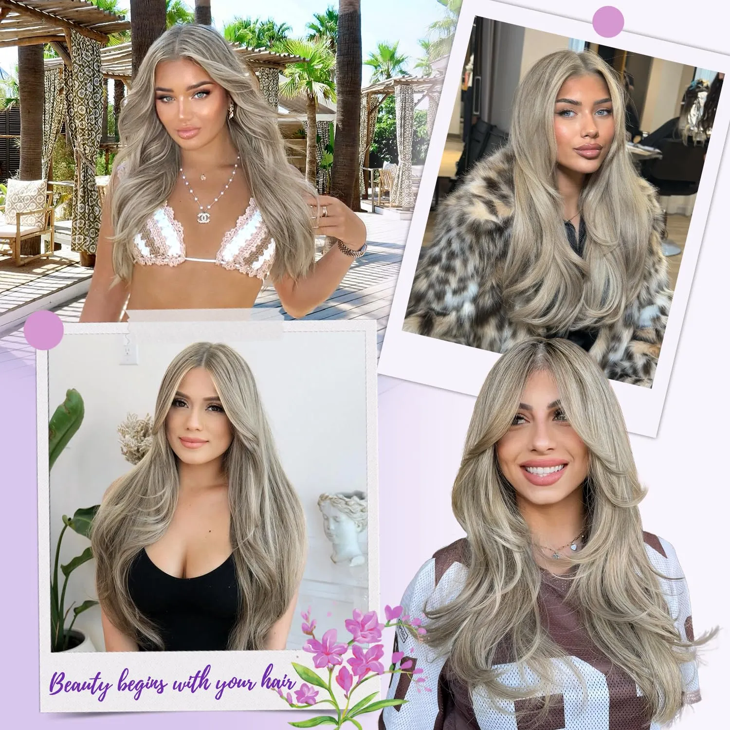 Silver Gray Glueless Wigs for Women Pre Cut Synthetic Lace Hairline Long Layered Straight Hairstyle 26 Inch