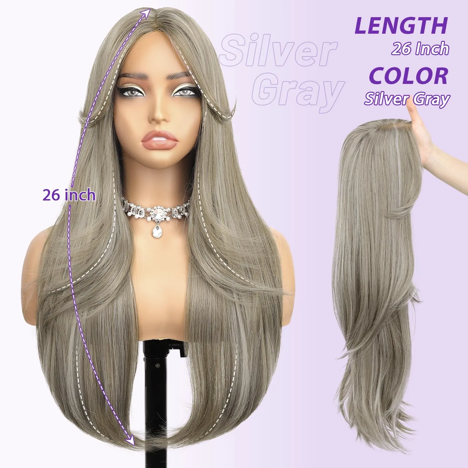Silver Gray Glueless Wigs for Women Pre Cut Synthetic Lace Hairline Long Layered Straight Hairstyle 26 Inch