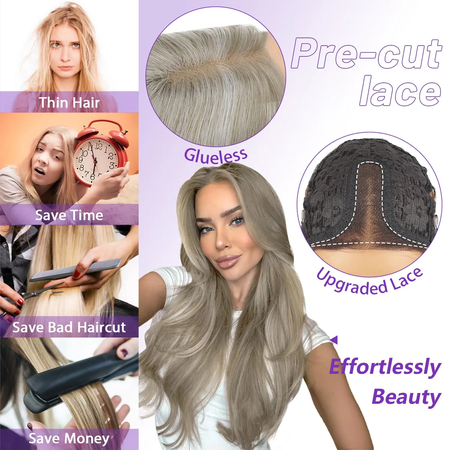 Silver Gray Glueless Wigs for Women Pre Cut Synthetic Lace Hairline Long Layered Straight Hairstyle 26 Inch