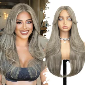 Silver Gray Glueless Wigs for Women Pre Cut Synthetic Lace Hairline Long Layered Straight Hairstyle 26 Inch
