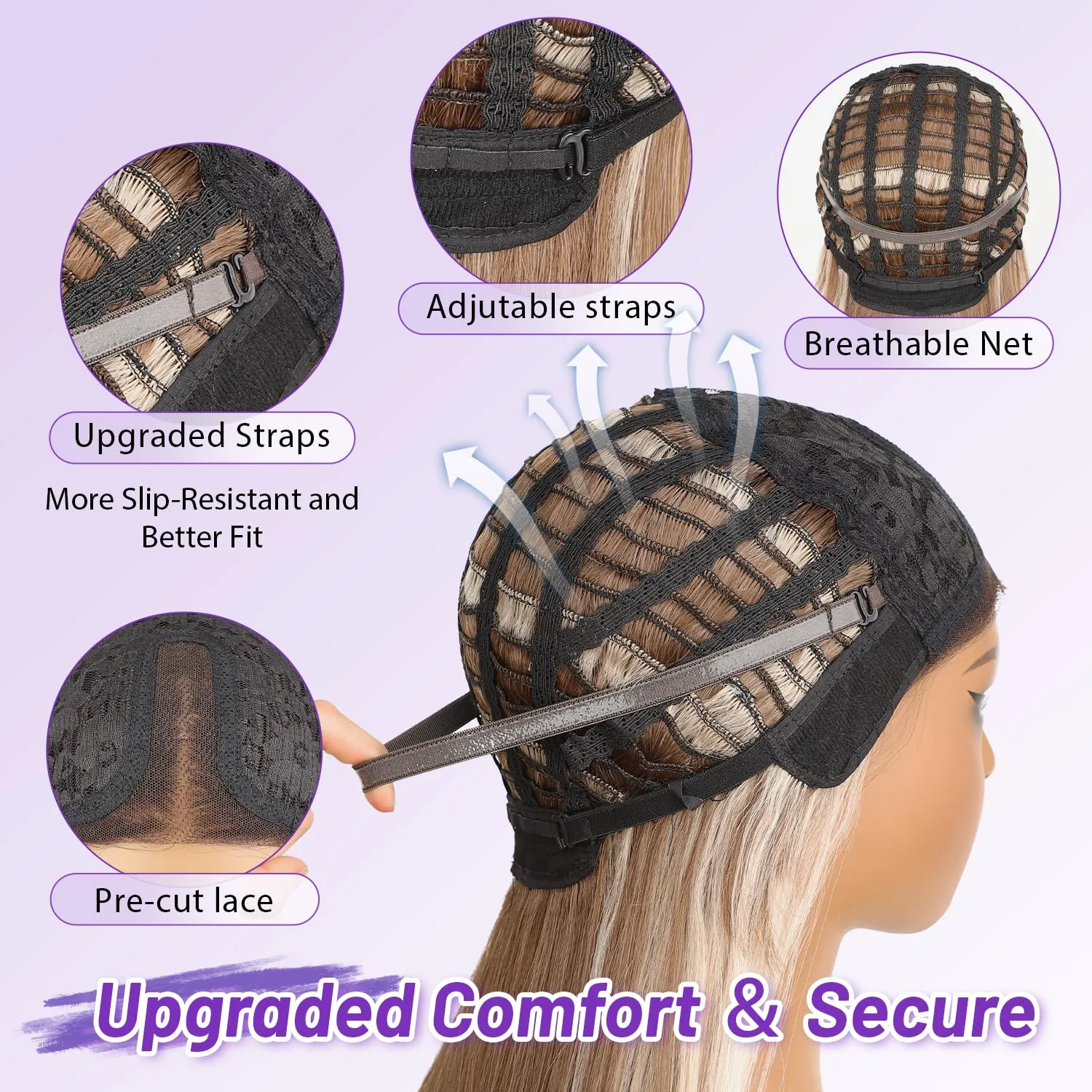 Silver Gray Glueless Wigs for Women Pre Cut Synthetic Lace Hairline Long Layered Straight Hairstyle 26 Inch