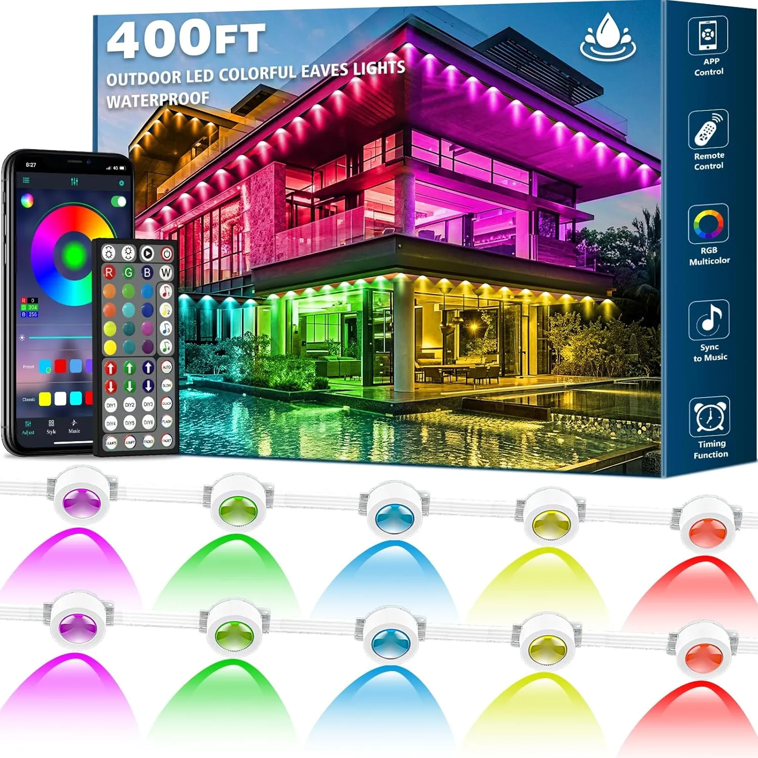 SINLEY 400FT Permanent Outdoor Lights,RGB Eaves Lights with App Control Remote,DIY Scene Modes IP67 Waterproof Outdoor Under Eave Lighting (400FT)