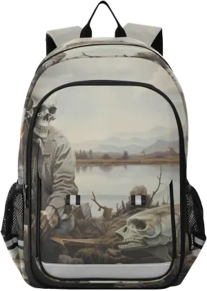 Skeleton Trout Fishing Backpack Travel Laptop Daypack Shoulder Bag Book Bag Daypack with Reflective Strip 12.9 ×17.7 In