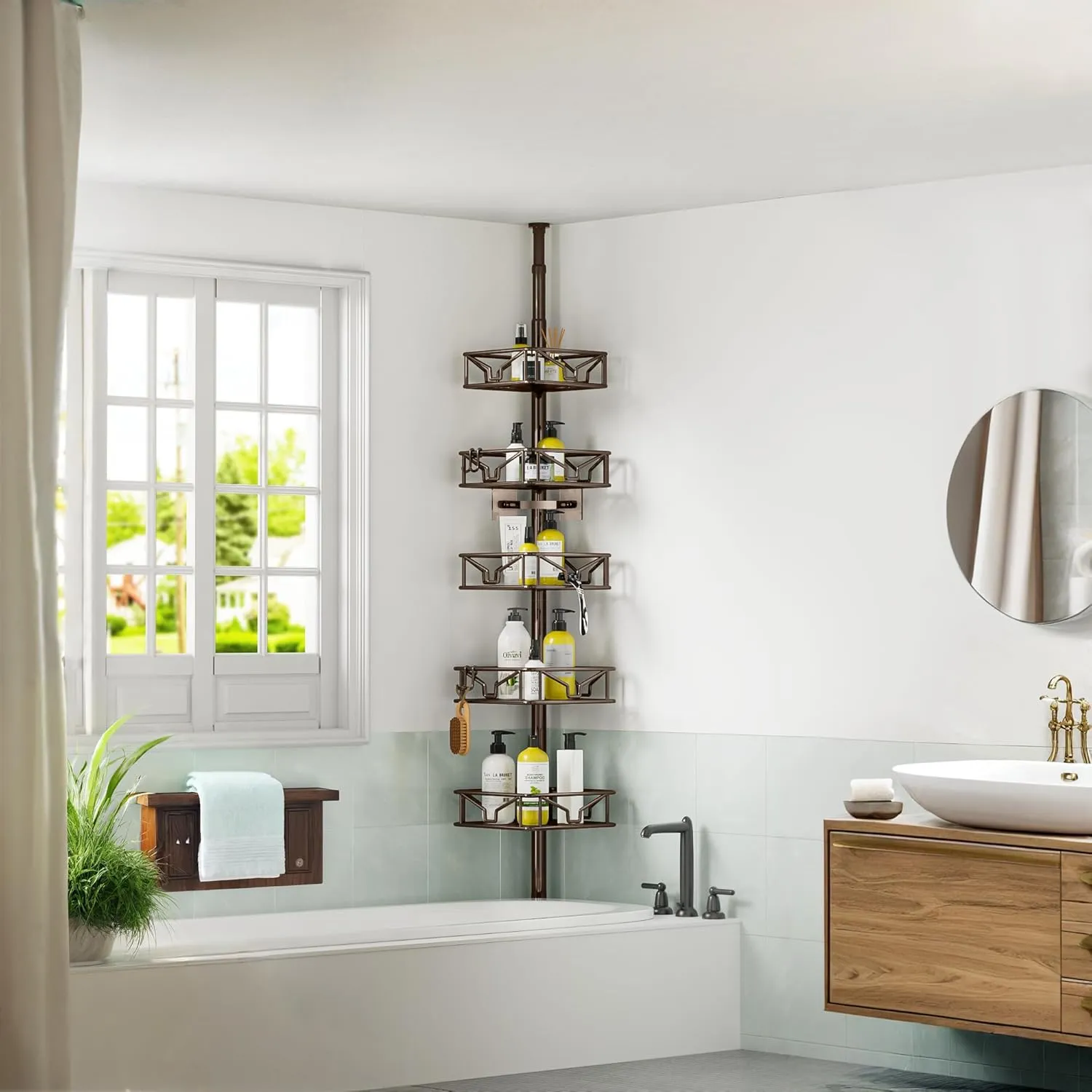 Skycarper 5 Tier Adjustable Corner Shower Caddy Organizer with Hooks,Rustproof Tension Pole 62-116 Inch,Bronze