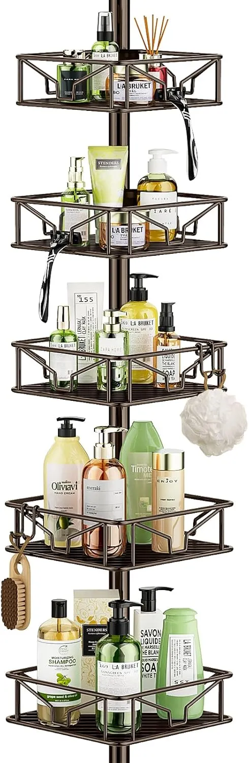 Skycarper 5 Tier Adjustable Corner Shower Caddy Organizer with Hooks,Rustproof Tension Pole 62-116 Inch,Bronze