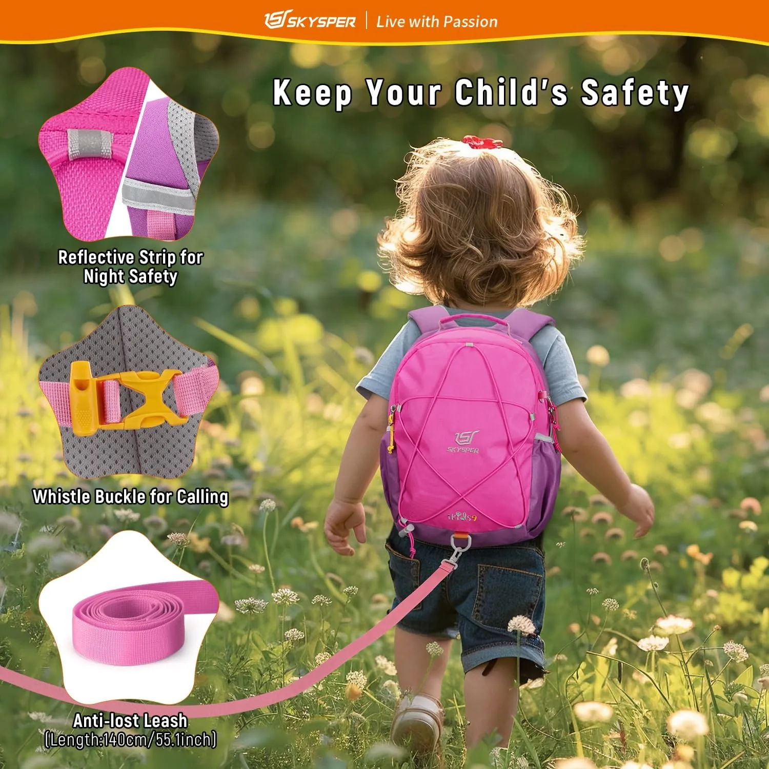 SKYSPER Toddler Backpack with Leash for Boys Girls Kids Travel Backpack Preschool Kindergarten Backpack for Outdoor Day Trips(Pink)