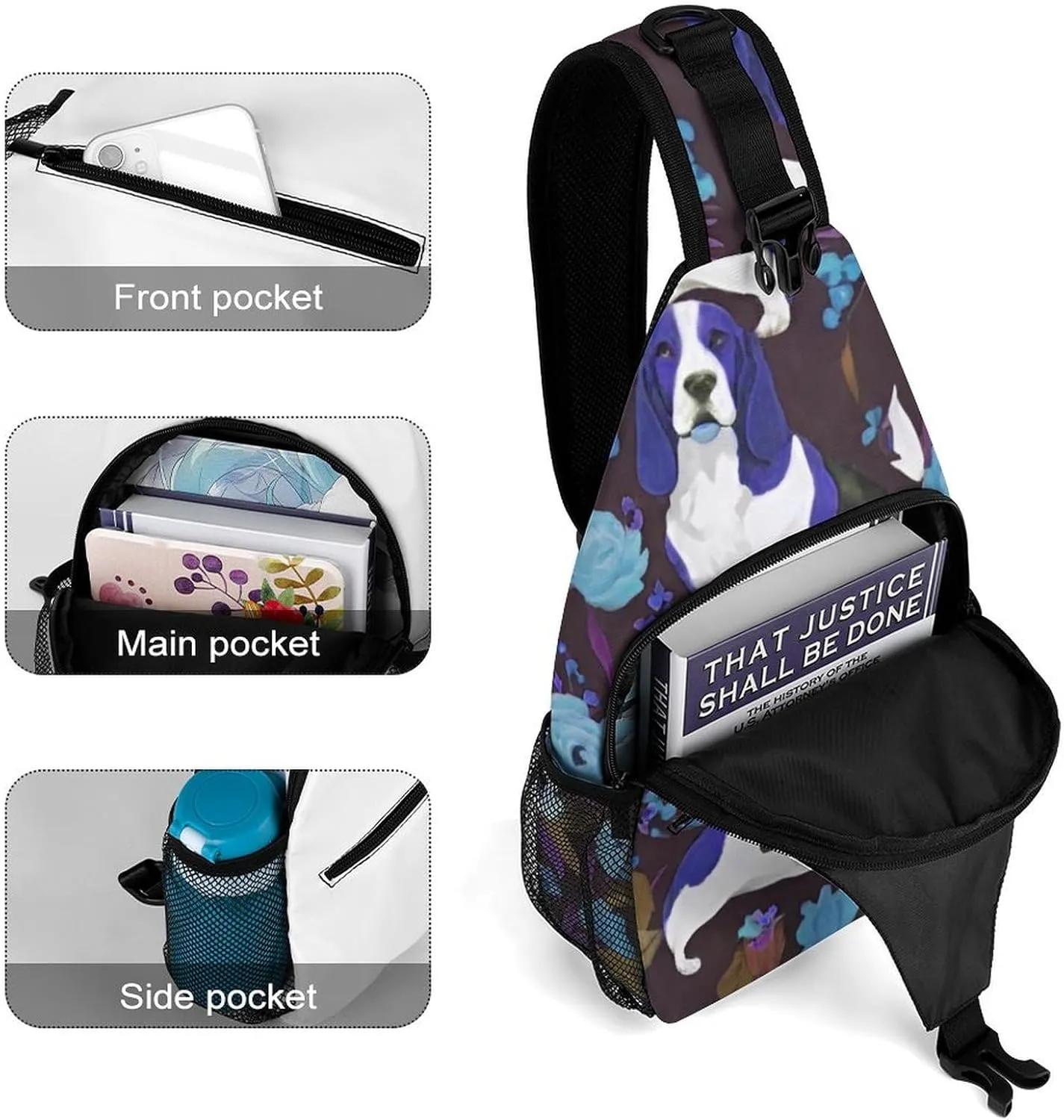Sling Bag Backpack for Men Women Anti-Theft Multipurpose Casual Carrying Tote Case Crossbody Travel Messenger Bag, Basset Hound Dog Flower Art Crossbody Sling Backpack