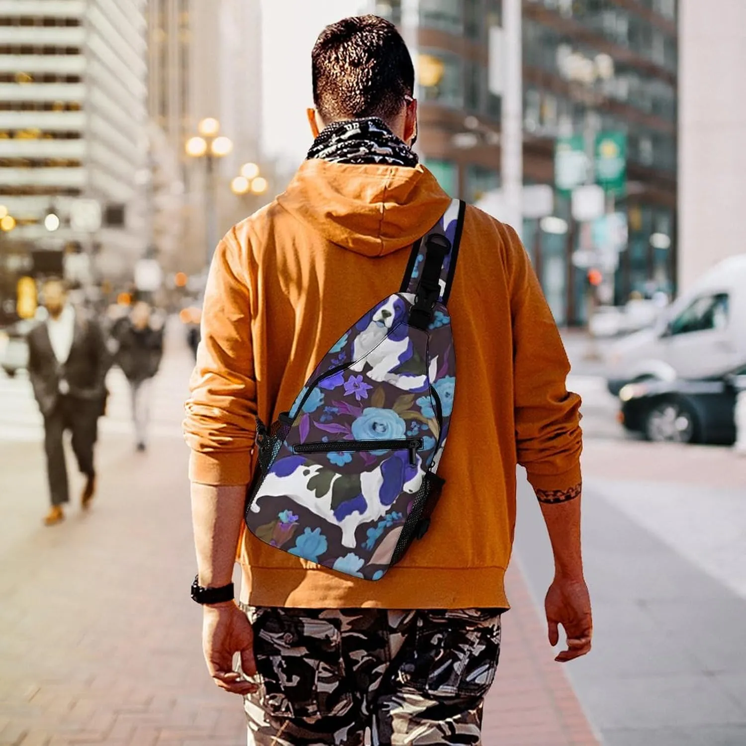 Sling Bag Backpack for Men Women Anti-Theft Multipurpose Casual Carrying Tote Case Crossbody Travel Messenger Bag, Basset Hound Dog Flower Art Crossbody Sling Backpack