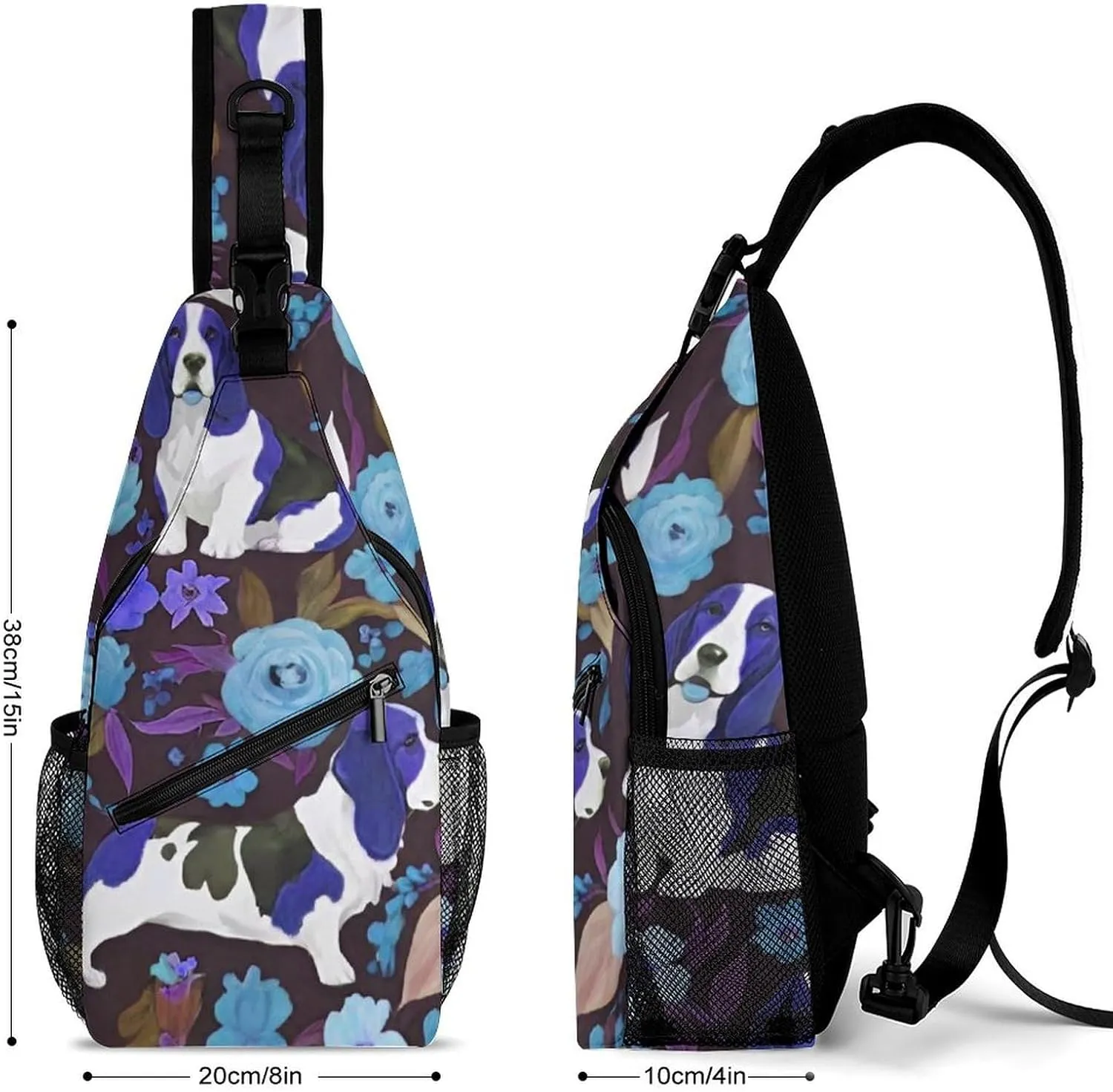 Sling Bag Backpack for Men Women Anti-Theft Multipurpose Casual Carrying Tote Case Crossbody Travel Messenger Bag, Basset Hound Dog Flower Art Crossbody Sling Backpack