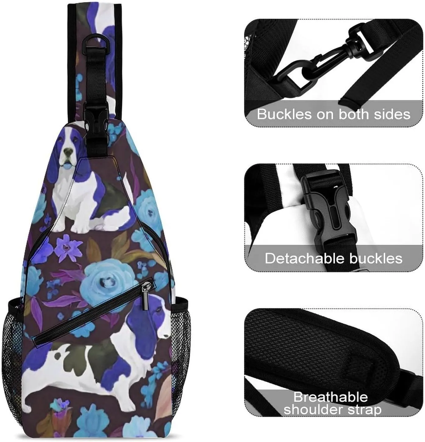 Sling Bag Backpack for Men Women Anti-Theft Multipurpose Casual Carrying Tote Case Crossbody Travel Messenger Bag, Basset Hound Dog Flower Art Crossbody Sling Backpack