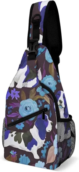 Sling Bag Backpack for Men Women Anti-Theft Multipurpose Casual Carrying Tote Case Crossbody Travel Messenger Bag, Basset Hound Dog Flower Art Crossbody Sling Backpack