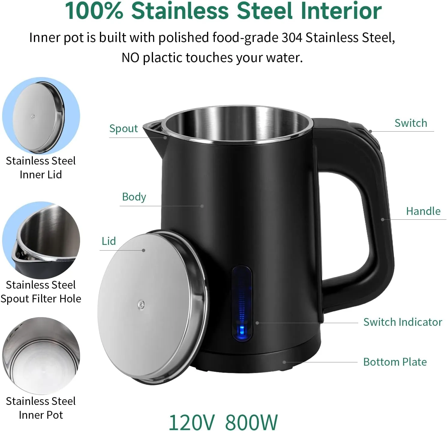 Small Electric Tea Kettle Stainless Steel, 0.8L Portable Mini Hot Water Boiler Heater, Travel Electric Coffee Kettle with Auto Shut-Off & Boil Dry Protection (Black)