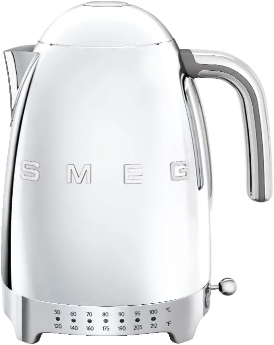 SMEG 7-Cup Variable Temperature Electric Kettle - Retro Style Aesthetic with Advanced Technology - Stainless Steel, 1400W, 120V, 360° Swivel Base, Keep Warm Function (Silver)