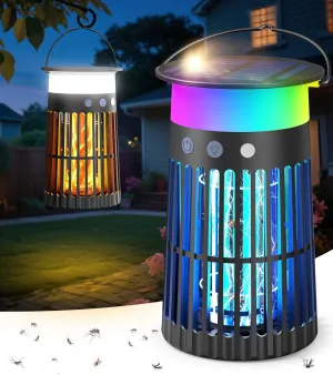 Solar Bug Zapper Outdoor Waterproof, 4 in 1 Solar Mosquito Zapper Outdoor, Cordless Solar Fly Zapper with RGB, Flame Light and LED Camping Lantern