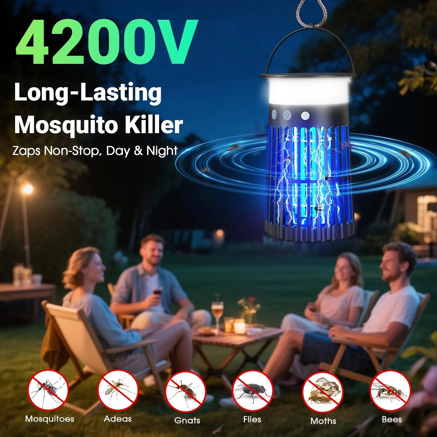 Solar Bug Zapper Outdoor Waterproof, 4 in 1 Solar Mosquito Zapper Outdoor, Cordless Solar Fly Zapper with RGB, Flame Light and LED Camping Lantern
