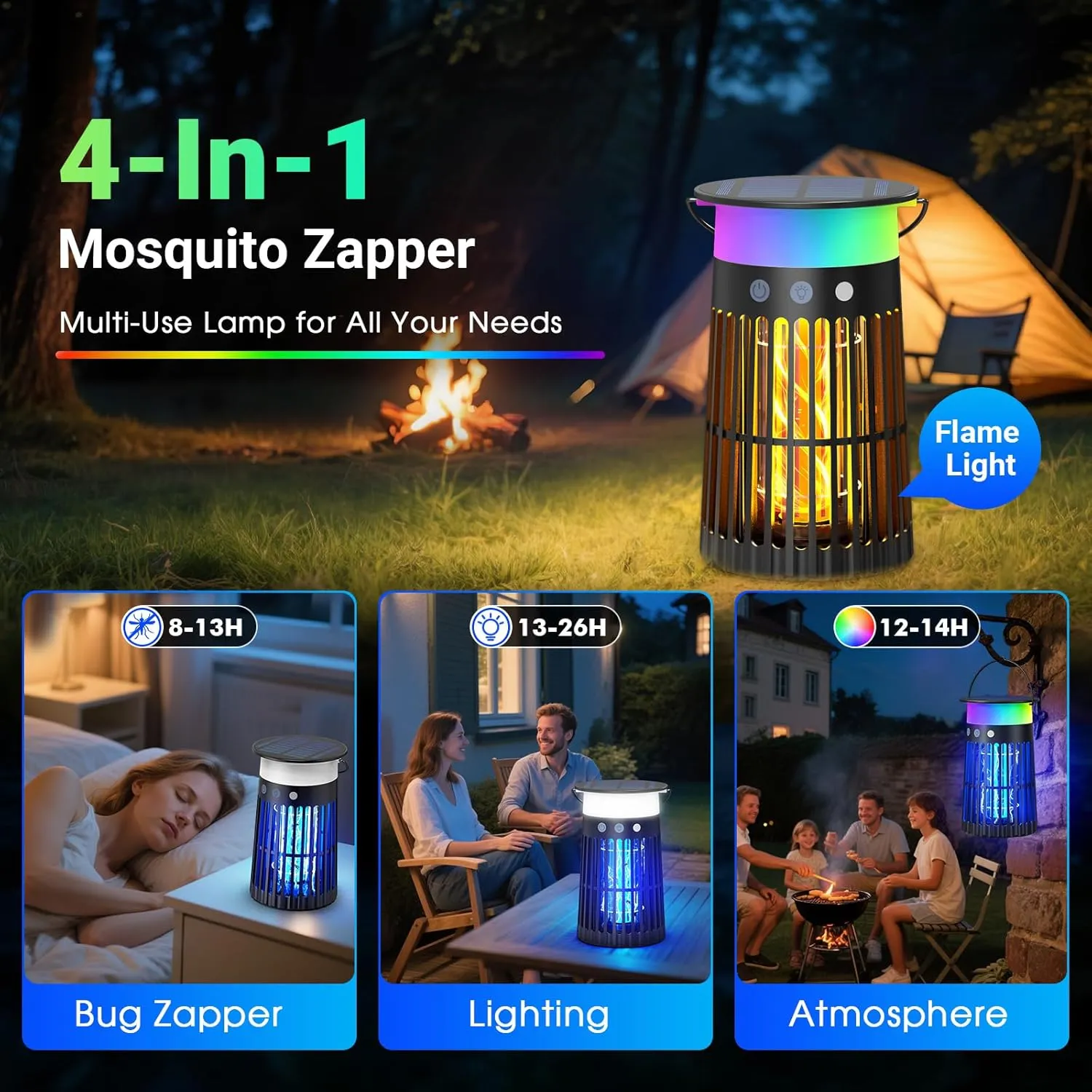 Solar Bug Zapper Outdoor Waterproof, 4 in 1 Solar Mosquito Zapper Outdoor, Cordless Solar Fly Zapper with RGB, Flame Light and LED Camping Lantern