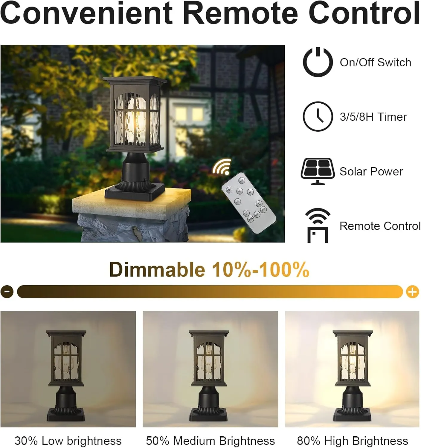 Solar Lamp Post Lights Outdoor Waterproof, Dusk to Dawn Outside Pole Light Fixture with Remote, Exterior Pillar Lantern with Water Ripple Glass and LED Bulb for Pathway Garden Patio Gargae