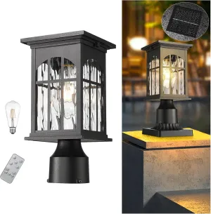 Solar Lamp Post Lights Outdoor Waterproof, Dusk to Dawn Outside Pole Light Fixture with Remote, Exterior Pillar Lantern with Water Ripple Glass and LED Bulb for Pathway Garden Patio Gargae