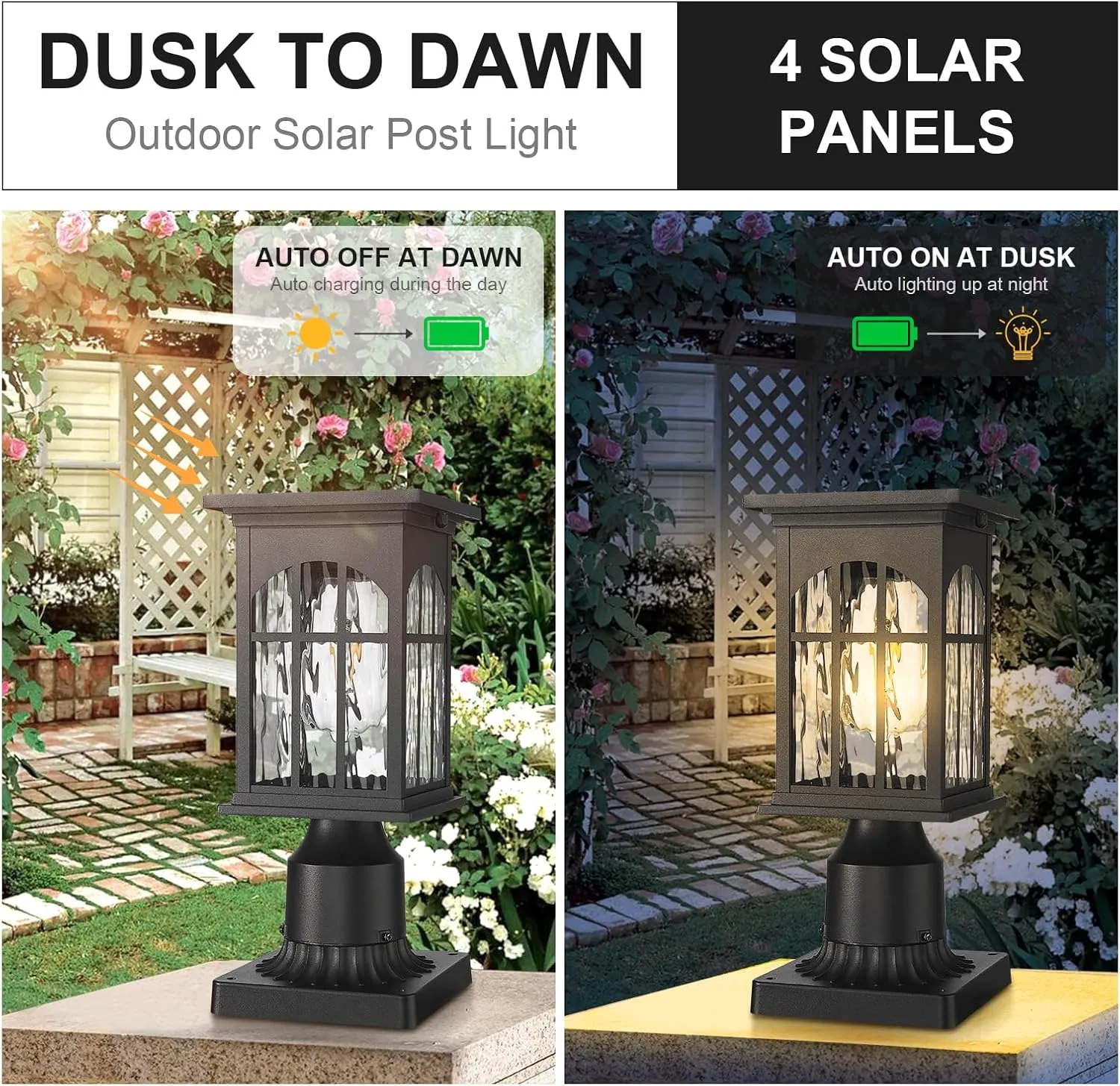 Solar Lamp Post Lights Outdoor Waterproof, Dusk to Dawn Outside Pole Light Fixture with Remote, Exterior Pillar Lantern with Water Ripple Glass and LED Bulb for Pathway Garden Patio Gargae