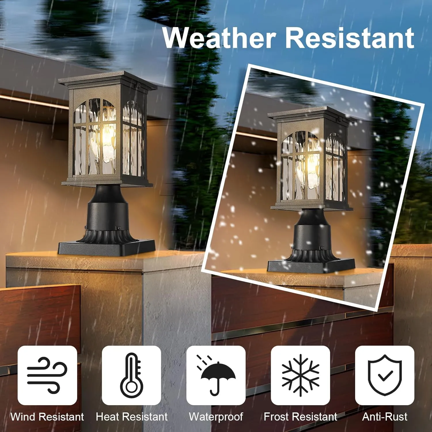 Solar Lamp Post Lights Outdoor Waterproof, Dusk to Dawn Outside Pole Light Fixture with Remote, Exterior Pillar Lantern with Water Ripple Glass and LED Bulb for Pathway Garden Patio Gargae
