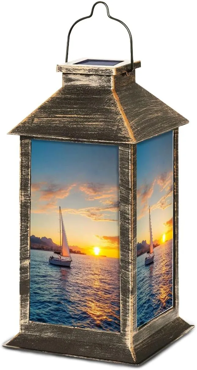 Solar Lantern Denia Sunset Sailboat from Mediterranean sea Alicante Spain Outdoor Waterproof Garden Hanging Lantern Solar Powered Lighting Outside Table Lamp for Patio Deck Camping 1 Pack