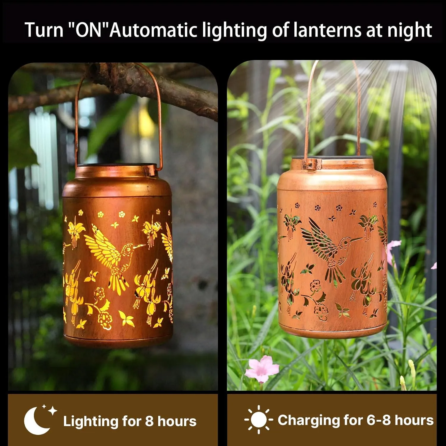 Solar Lanterns Outdoor Waterproof Hummingbird Hanging Solar Lights,Hollowed Metal Lantern Light Decorative for Garden,Patio,Yard,Lawn,Front,Porch Decor Fathers Day Gifts for Women Men Mom 2pack