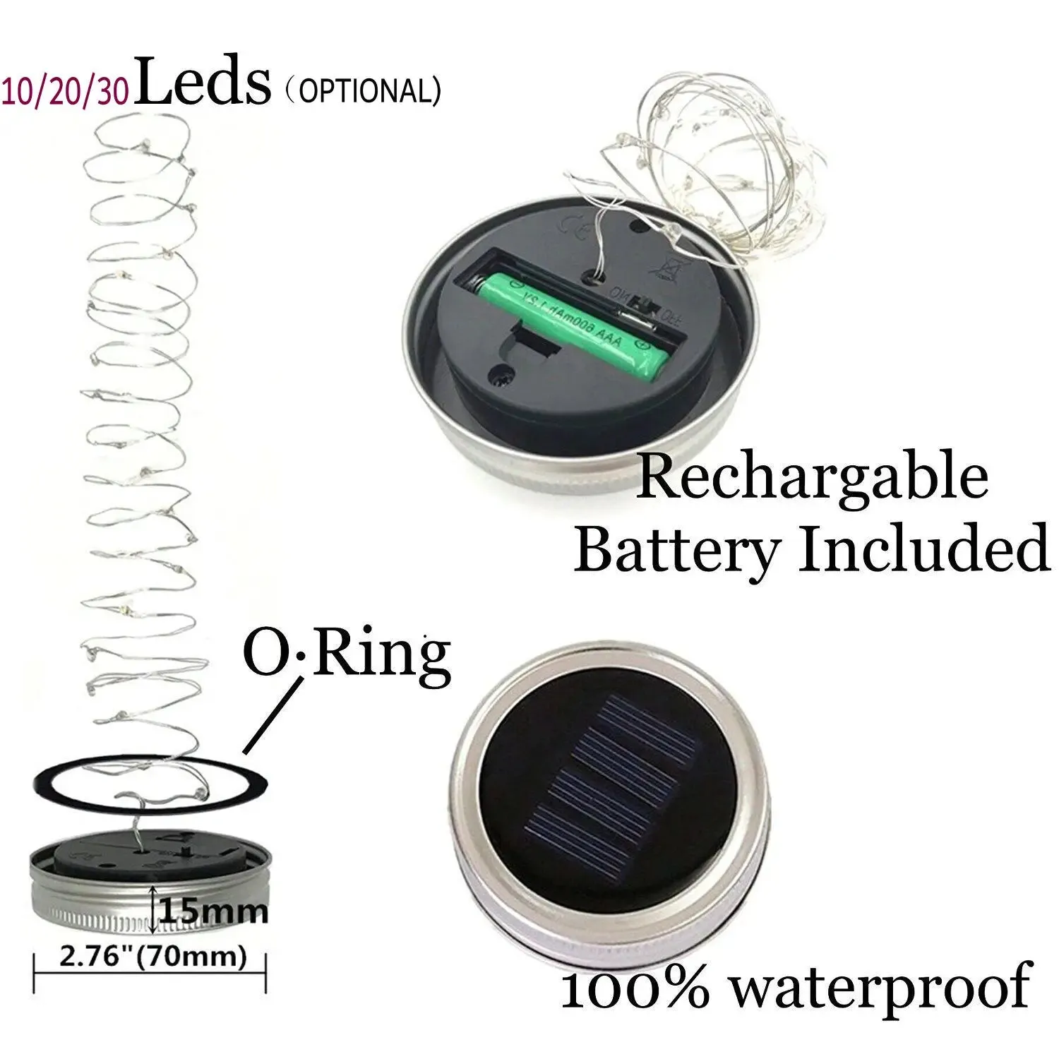 Solar Mason Jar Lid Insert Fairy Lights: LED Lantern for Garden, Patio, Porch, Night Wedding, Party Decoration