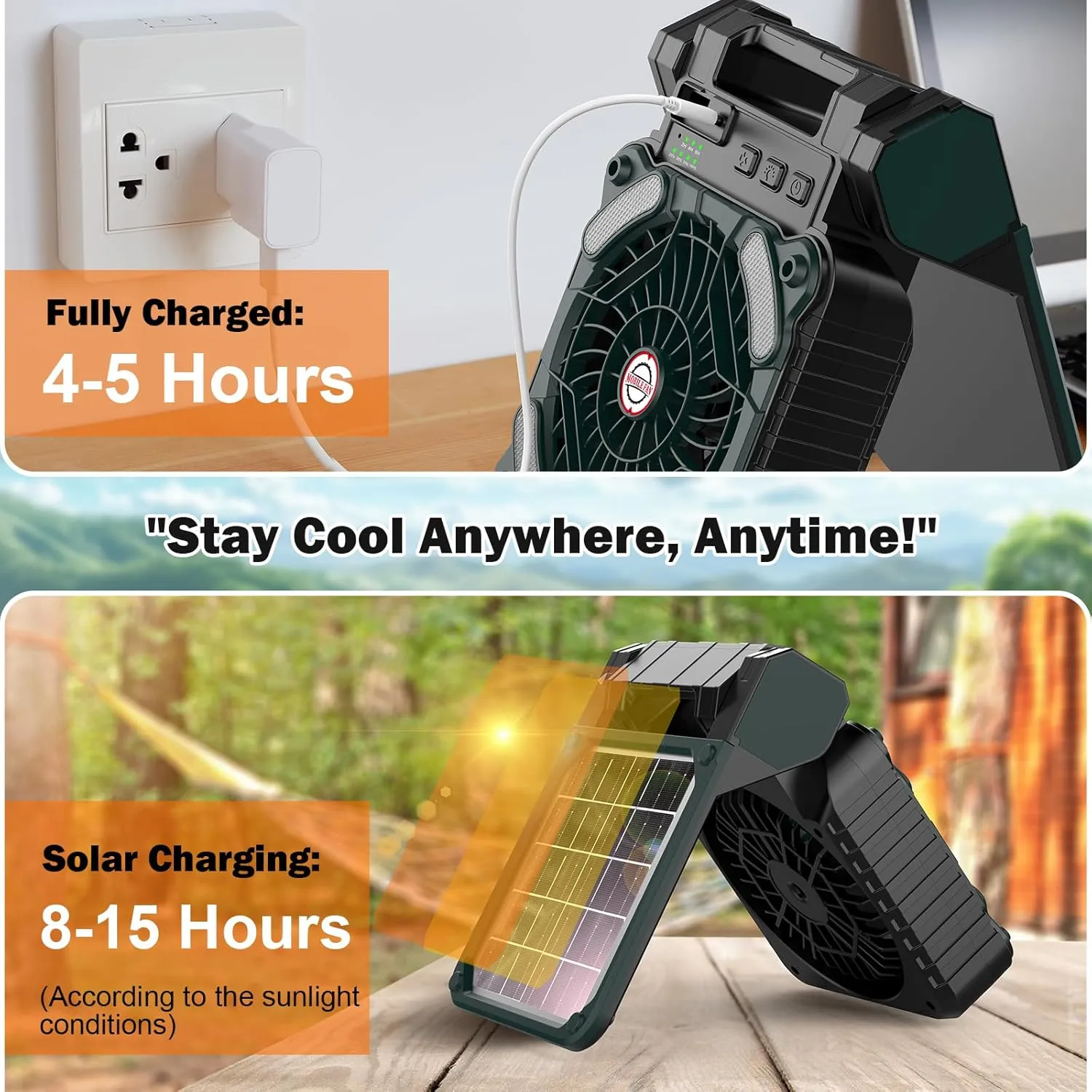 Solar-Powered Camping Fan with LED Lantern,10400mAh Rechargeable Battery Operated Portable,Timer,Phone,and Eco-Friendly Fan,for Camping,Fishing,Power Outage,Hurricane (Green-Black)