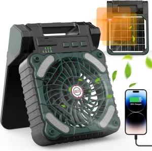 Solar-Powered Camping Fan with LED Lantern,10400mAh Rechargeable Battery Operated Portable,Timer,Phone,and Eco-Friendly Fan,for Camping,Fishing,Power Outage,Hurricane (Green-Black)