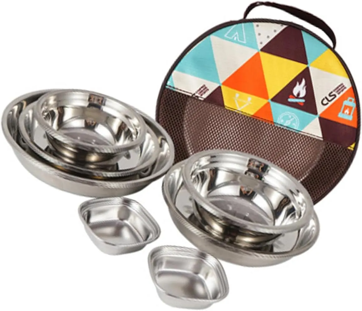 Sosoport 1 Set Camping Tableware Outdoor Dining with Storage Bag Lightweight Stainless Steel Plates Bowls and Utensils for Convenient Camping Hiking and Picnic Use