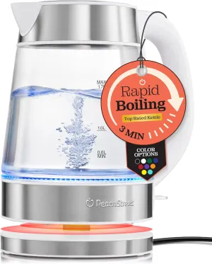 Speed-Boil Water Electric Kettle, 1.7L 1500W, Coffee & Tea Kettle Borosilicate Glass, Water Boiler, Auto Shut-Off, Cool Touch Handle, Base Detachable, LED. 360° Rotation, Boil Dry Protection (White)