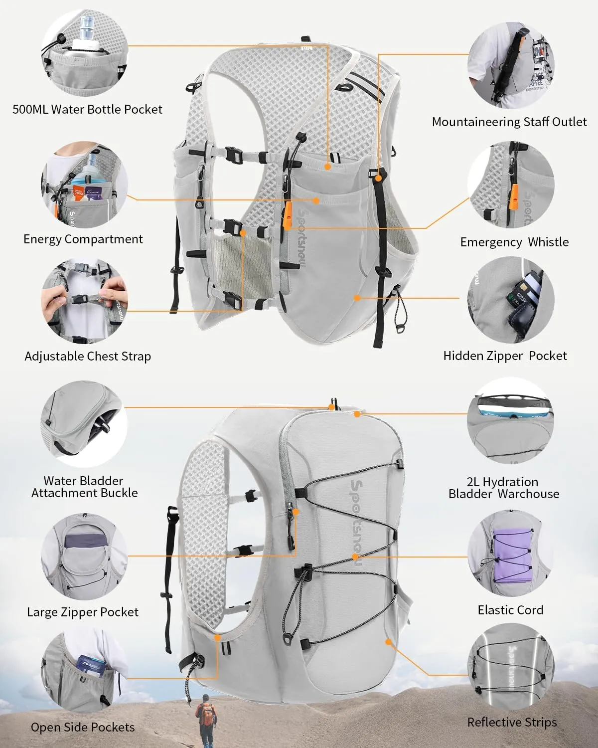 sportsnew Running Vest for Women Men, Lightweight 10L Hydration Backpack with Waterproof Phone Pocket, Breathable Pack for Hiking Trail Running Cycling Marathon