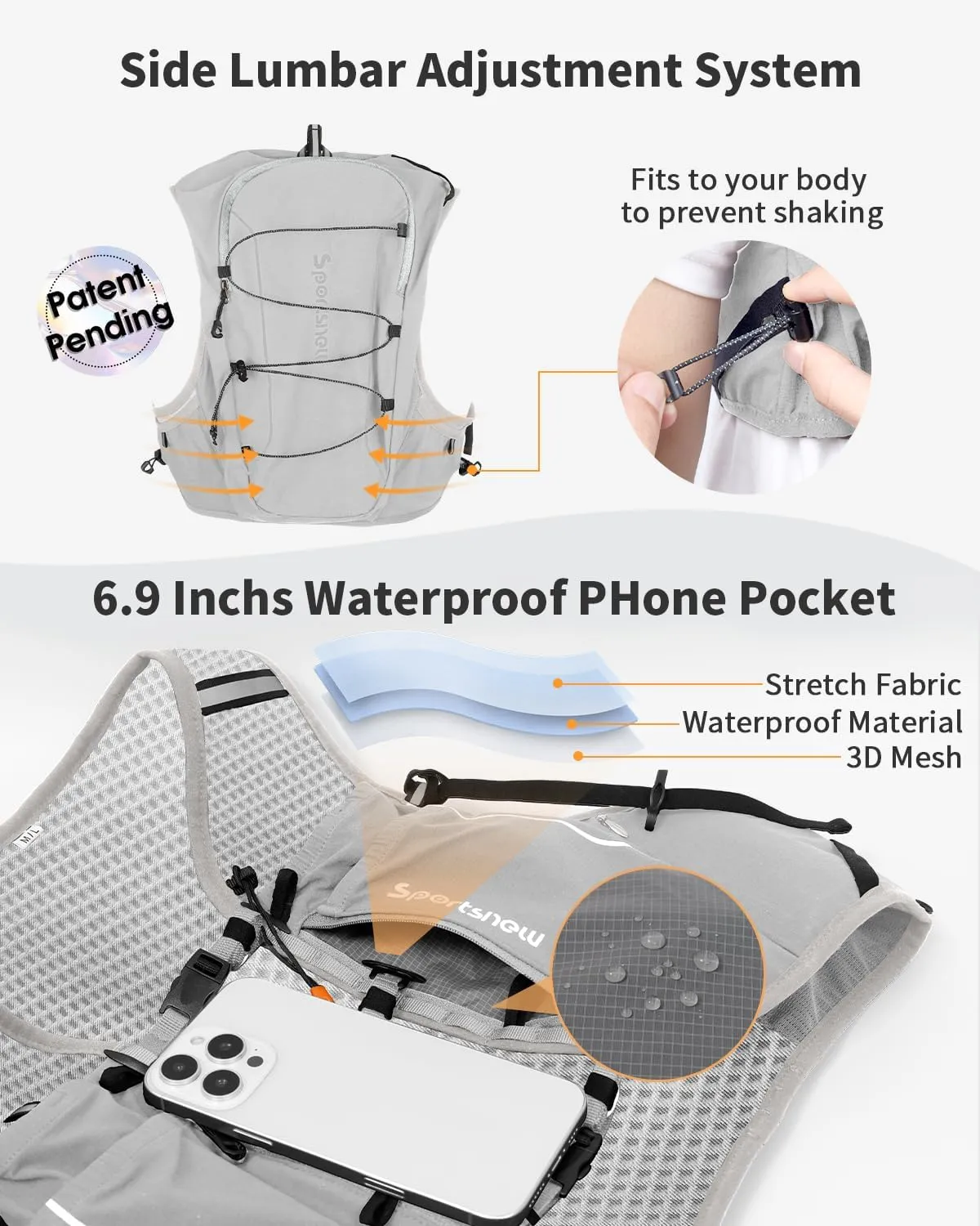 sportsnew Running Vest for Women Men, Lightweight 10L Hydration Backpack with Waterproof Phone Pocket, Breathable Pack for Hiking Trail Running Cycling Marathon
