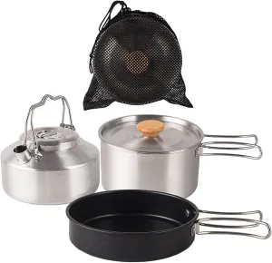 Stainless Steel Camping Cookware Kits with Folding Lid Camping Pot Pan Kettle Set for Outdoor Cooking Picnics