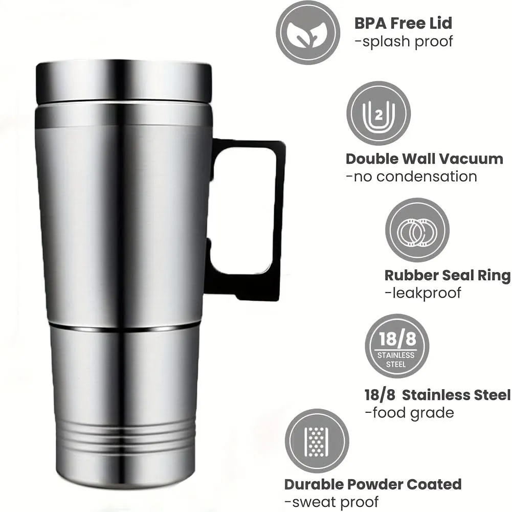 Stainless Steel Car Kettle – 12V Electric Heating Travel Mug for Coffee & Tea