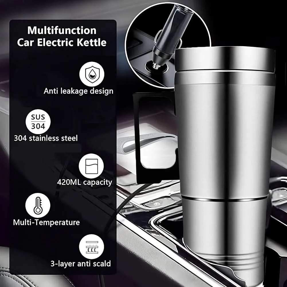 Stainless Steel Car Kettle – 12V Electric Heating Travel Mug for Coffee & Tea