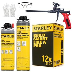 STANLEY Black Spray Foam Pro – 12x24 oz, Expanding Foam Sealant for RV, Automotive, Landscaping – Waterproof, UV Resistant, Strong Adhesion, Gun Use – Includes Gun & Cleaner | 24oz, 12 Pack