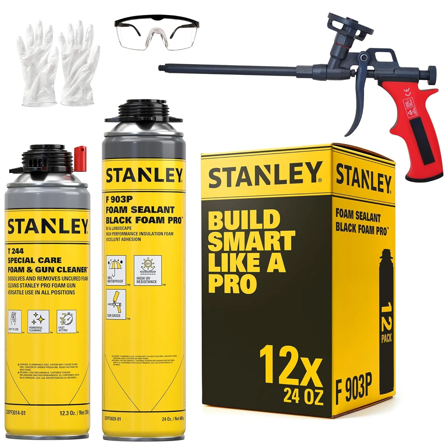 STANLEY Black Spray Foam Pro – 12x24 oz, Expanding Foam Sealant for RV, Automotive, Landscaping – Waterproof, UV Resistant, Strong Adhesion, Gun Use – Includes Gun & Cleaner | 24oz, 12 Pack