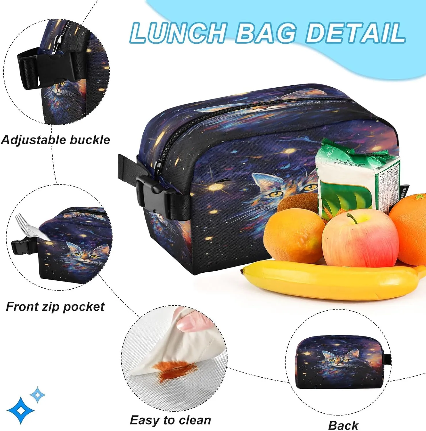 Starry Sky Cat Backpack for Kids Lightweight Travel Schoolbags with Lunch Box Set, A01E23037