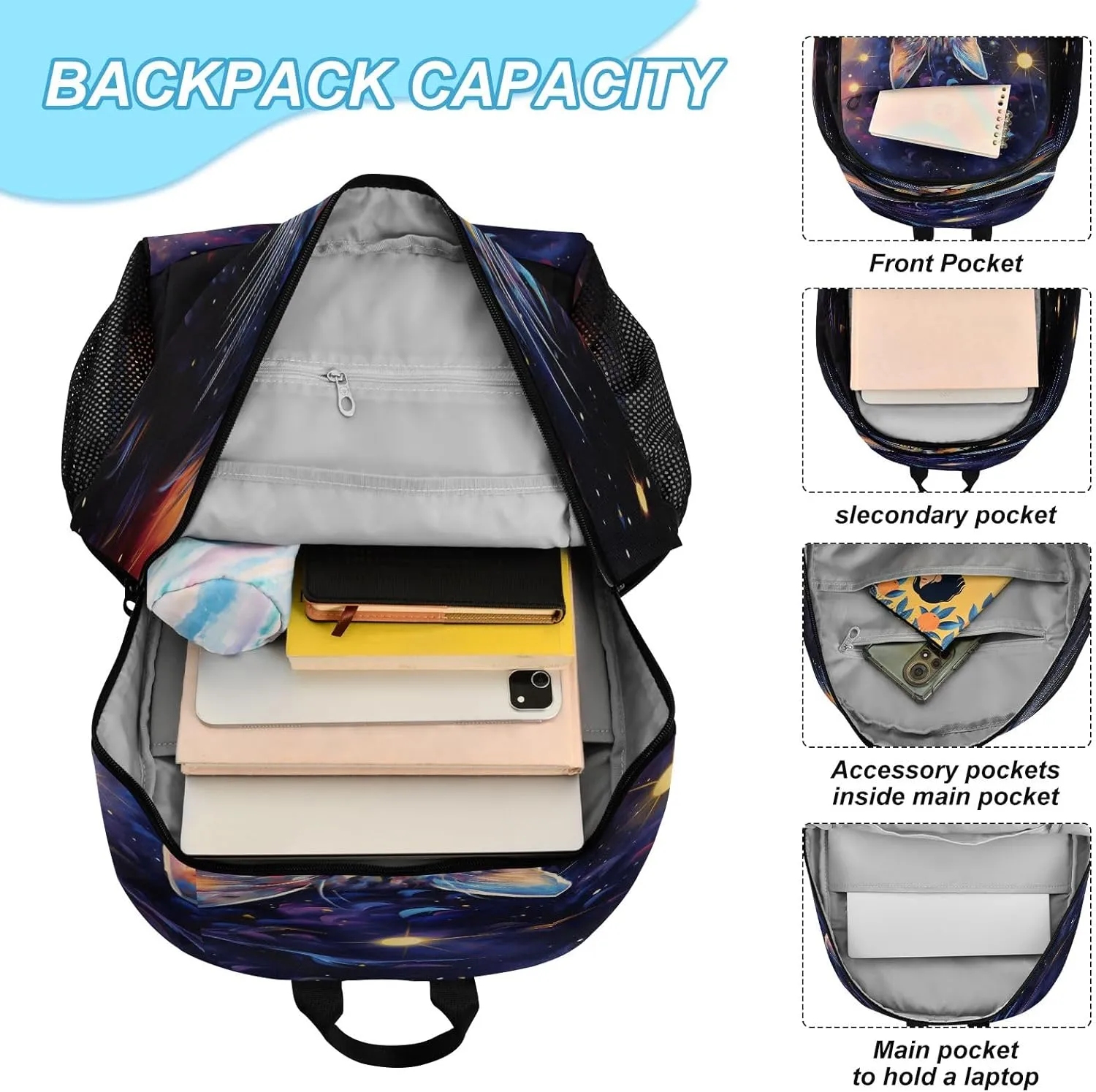 Starry Sky Cat Backpack for Kids Lightweight Travel Schoolbags with Lunch Box Set, A01E23037