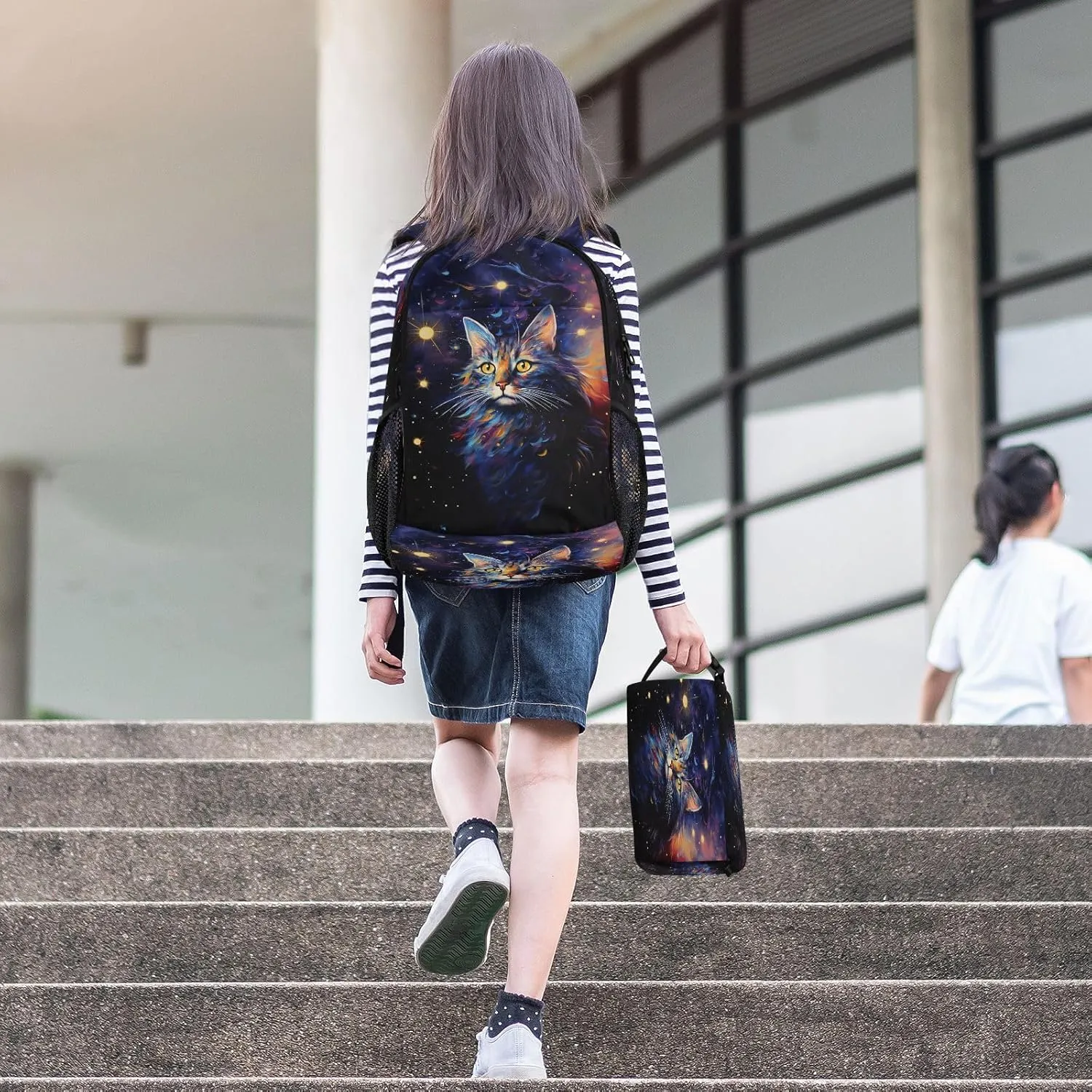 Starry Sky Cat Backpack for Kids Lightweight Travel Schoolbags with Lunch Box Set, A01E23037